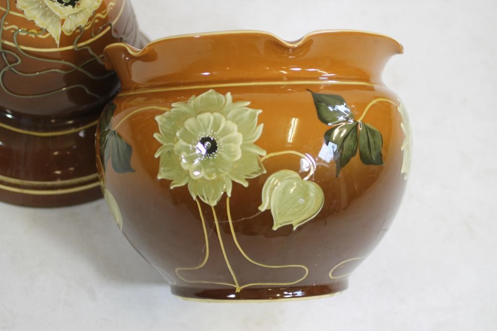 TWO SIMILAR ART NOUVEAU RAVISSANT EARTHENWARE JARDINIERES AND A STAND Image