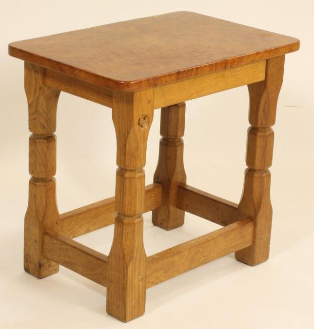A MALCOLM PIPES OAK STOOL of rounded oblong form with burr oak top Image