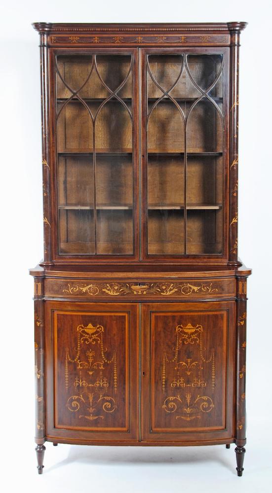 AN EDWARDIAN ADAM REVIVAL MAHOGANY AND MARQUETRY DISPLAY CABINET featuring urns Image
