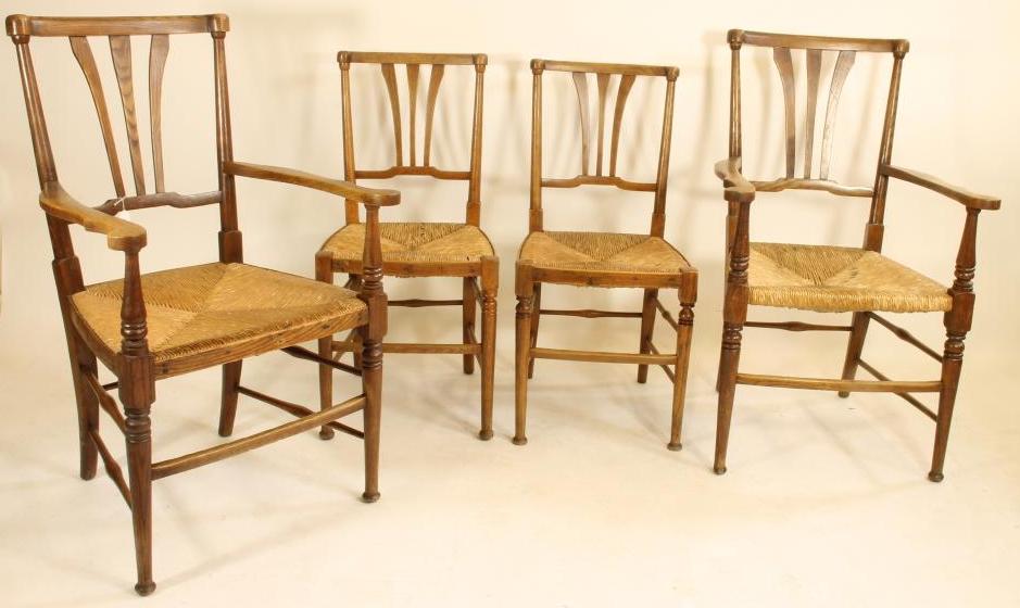 A SET OF SIX ARTS AND CRAFTS ELM RUSH SEATED DINING CHAIRS Image