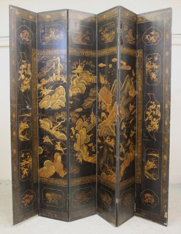 A CHINESE BLACK LACQUERED SIX FOLD SCREEN Image