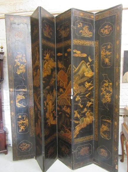 A CHINESE BLACK LACQUERED SIX FOLD SCREEN Image