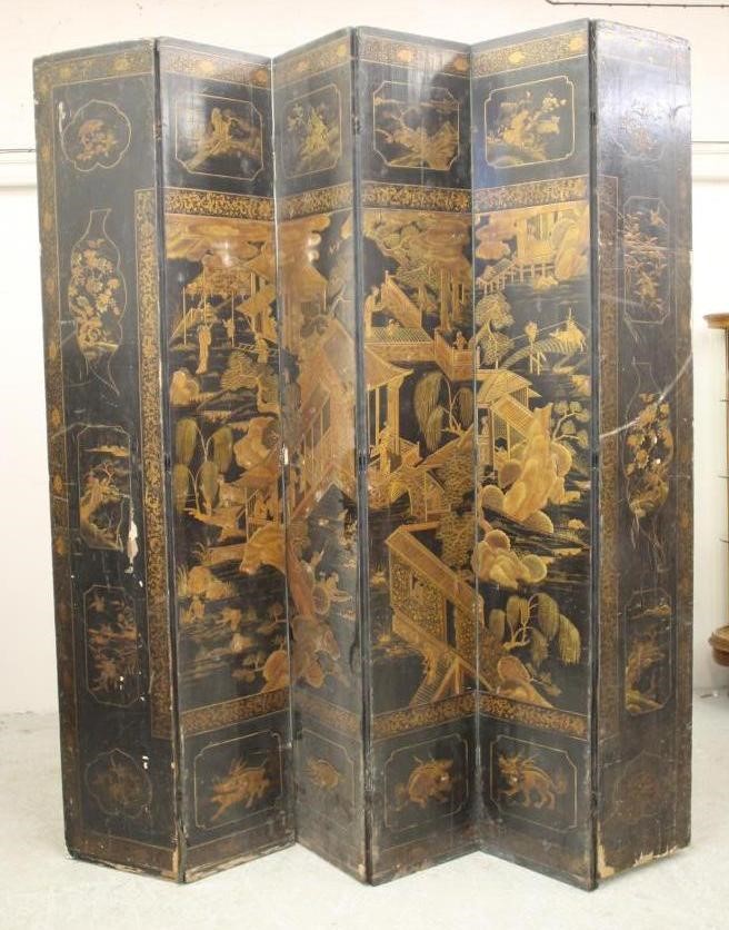 A CHINESE BLACK LACQUERED SIX FOLD SCREEN Image