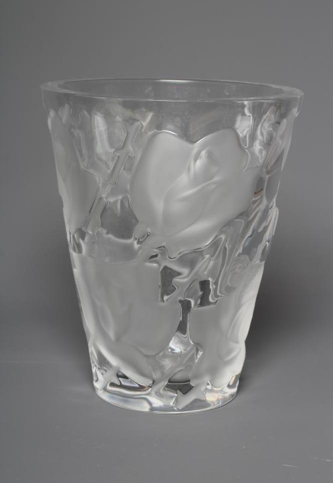 A LALIQUE ISPAHAN ROSE VASE, modern, of flared cylindrical form, signed, 9" high (Est. plus 24% Image