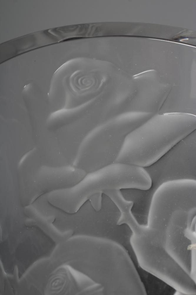 A LALIQUE ISPAHAN ROSE VASE, modern, of flared cylindrical form, signed, 9" high (Est. plus 24% Image