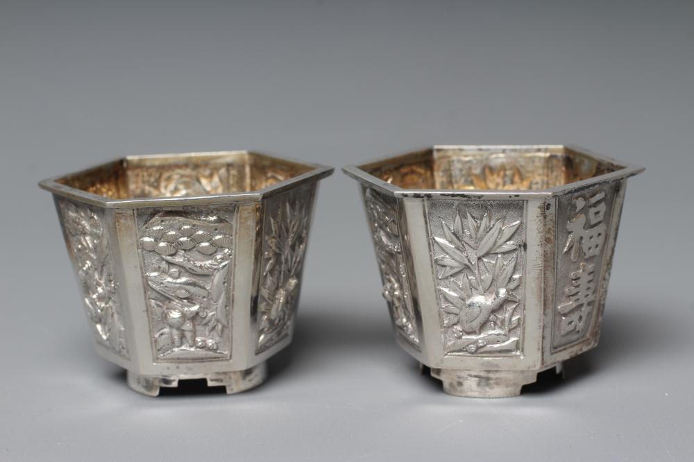 A PAIR OF CHINESE SILVER HEXAGONAL SALTS possibly by Wang Hing Image