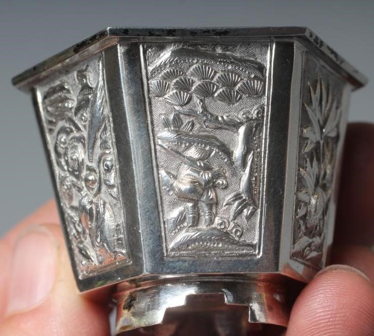 A PAIR OF CHINESE SILVER HEXAGONAL SALTS possibly by Wang Hing Image