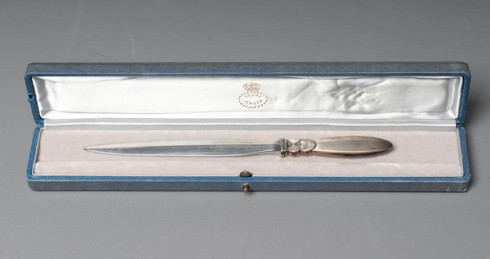 A GEORG JENSEN SILVER CACTUS PATTERN PAPER KNIFE, stamped Sterling, with steel blade, 6 1/4" long, Image