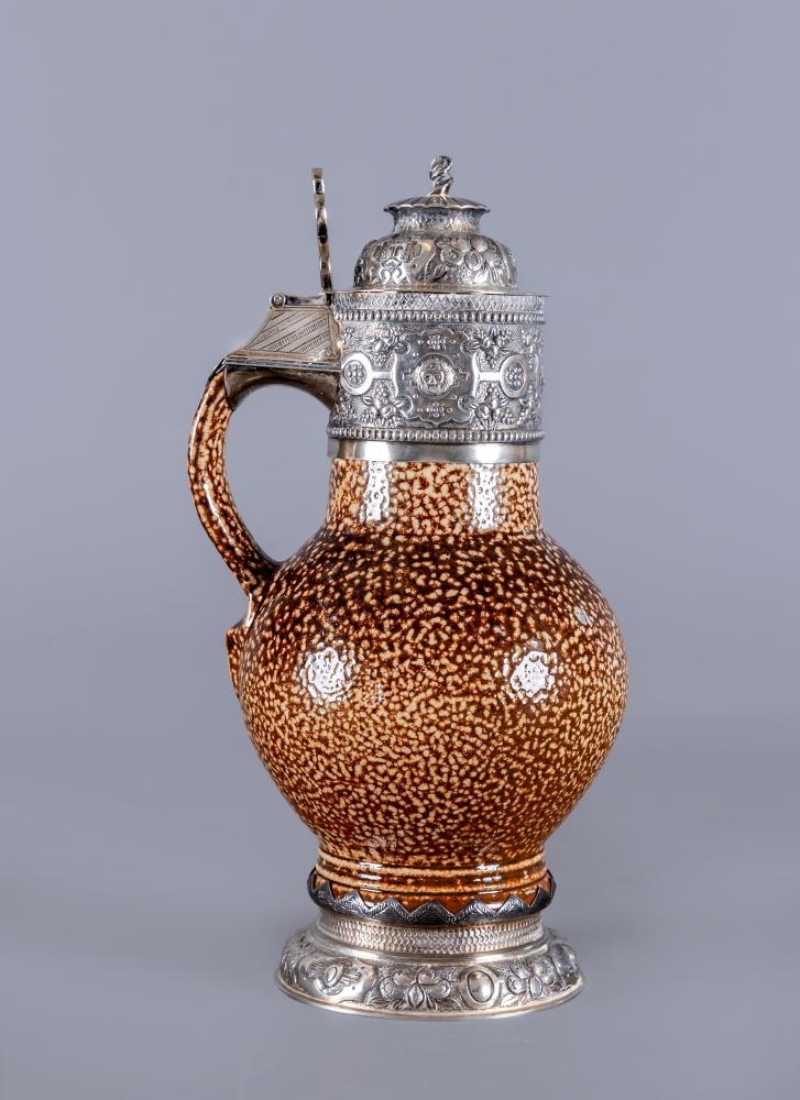 A SILVER MOUNTED REPRODUCTION TIGERWARE STONEWARE JUG by Nathan & Hayes Image