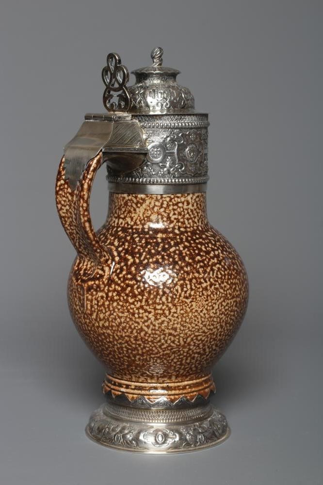 A SILVER MOUNTED REPRODUCTION TIGERWARE STONEWARE JUG by Nathan & Hayes Image