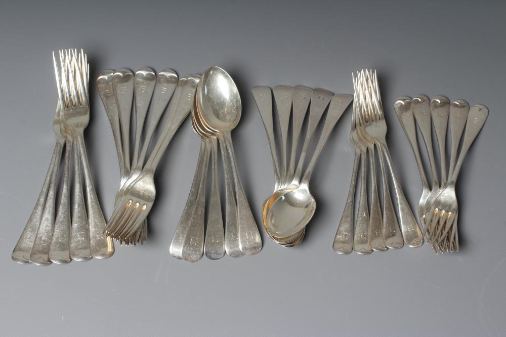 AN EDWARDIAN AND LATER SILVER OLD ENGLISH PATTERN PART TABLE SERVICE by John Round Image