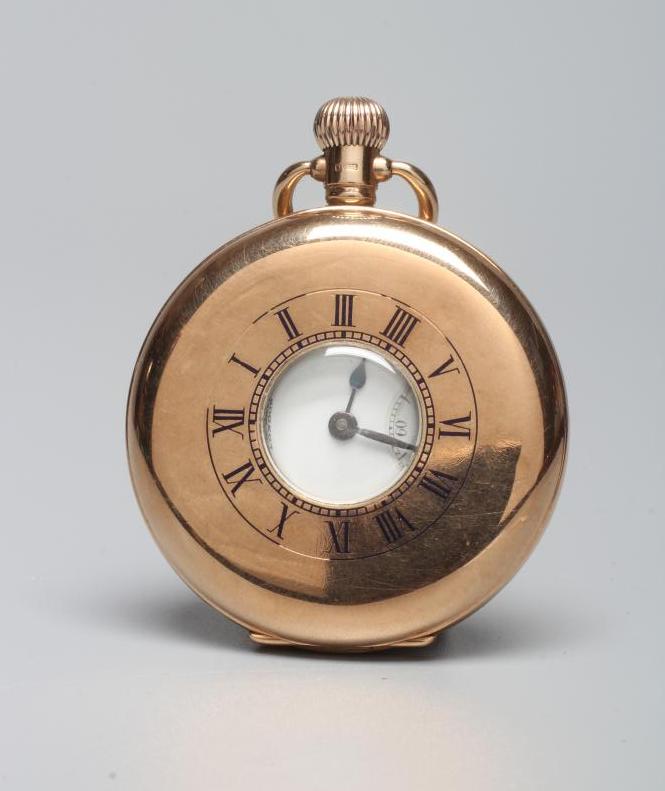 A 9CT GOLD TOP WIND HALF HUNTER POCKET WATCH by James Walker Image