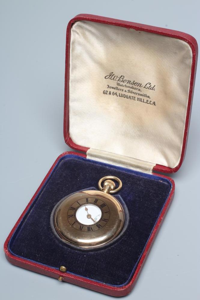 A 9CT GOLD TOP WIND HALF HUNTER POCKET WATCH by JW Bensen Image