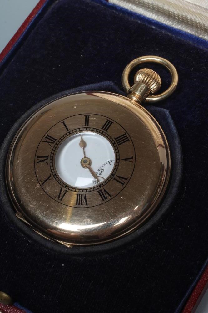 A 9CT GOLD TOP WIND HALF HUNTER POCKET WATCH by JW Bensen Image