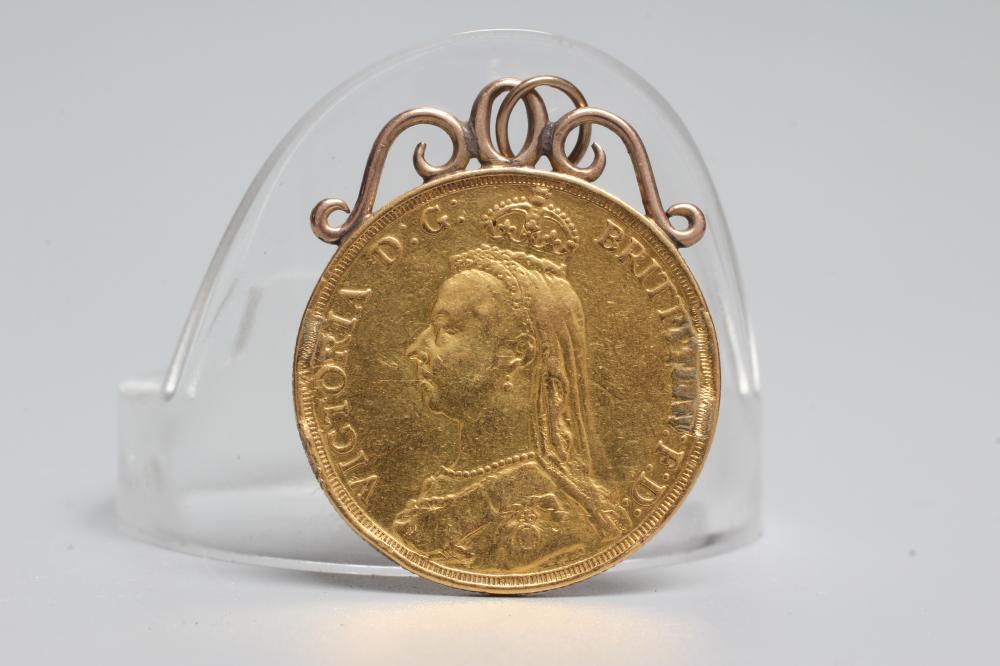 A VICTORIA JH GOLD £2, 1887, in a wirework pendant hard mount, 16.8g gross (Est. plus 24% premium Image