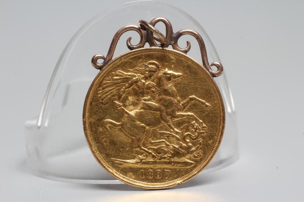 A VICTORIA JH GOLD £2, 1887, in a wirework pendant hard mount, 16.8g gross (Est. plus 24% premium Image