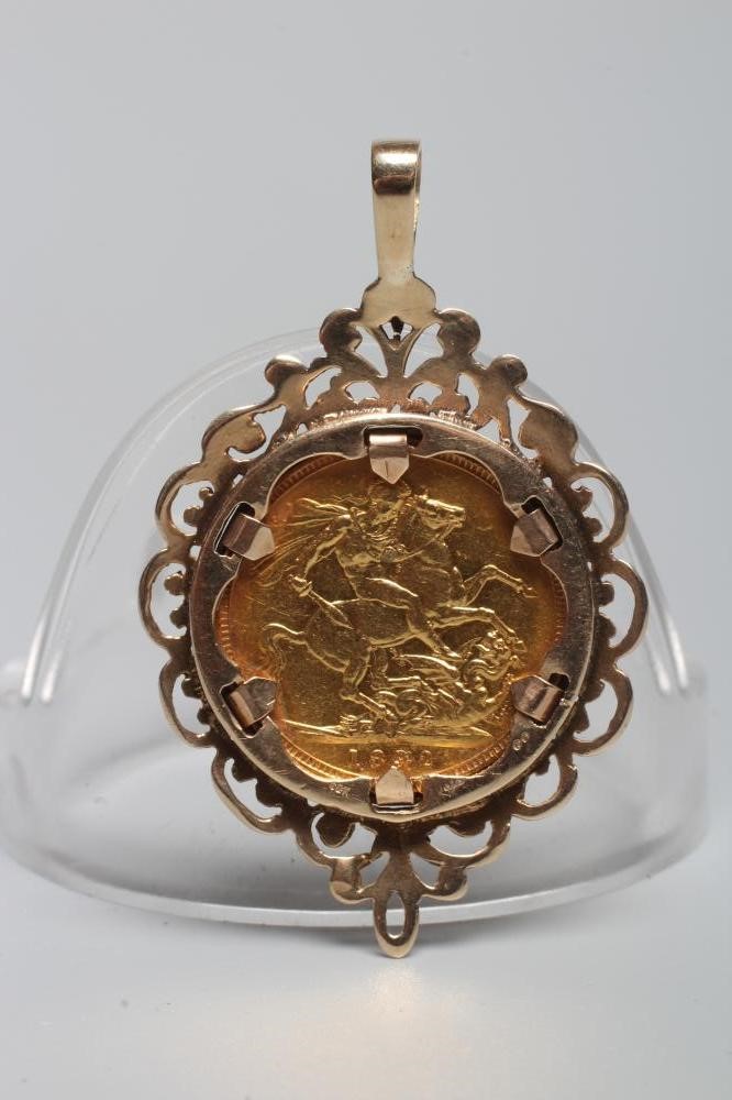 A VICTORIA JH SOVEREIGN, 1892, in a 9ct gold pendant loose mount, 13.5g gross (Est. plus 24% premium Image