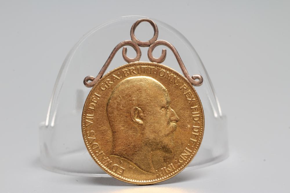 AN EDWARD VII GOLD £2, 1902, in a wirework pendant hard mount, 17.1g gross (Est. plus 24% premium Image