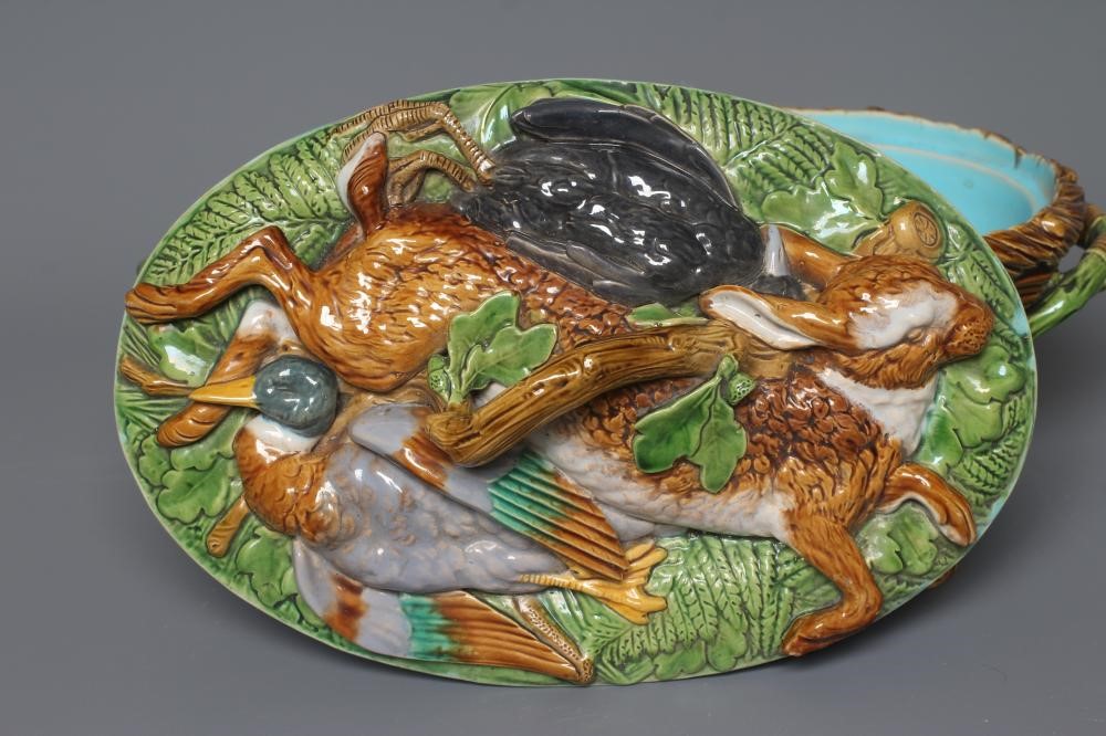 A MINTON MAJOLICA HARE AND MALLARD OVAL GAME PIE DISH Image