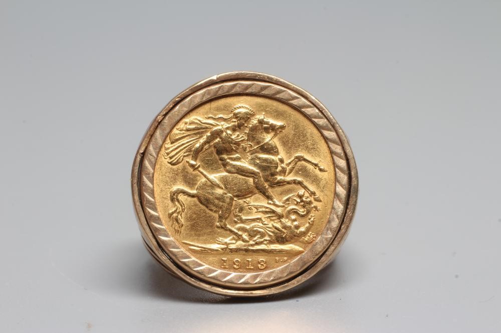 A GEORGE V SOVEREIGN, 1913, in a 9ct gold ring loose mount, 17.9g gross (Est. plus 24% premium inc. Image