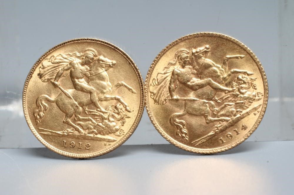 TWO GEORGE V HALF SOVEREIGNS, 1912 and 1914, 8g total (Est. plus 20% premium) Image