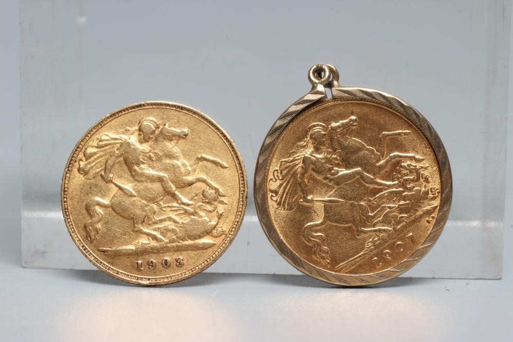 TWO EDWARD VII HALF SOVEREIGNS, 1903, 3.9g, and 1907, in a 9ct gold pendant loose mount, 4.6g gross Image