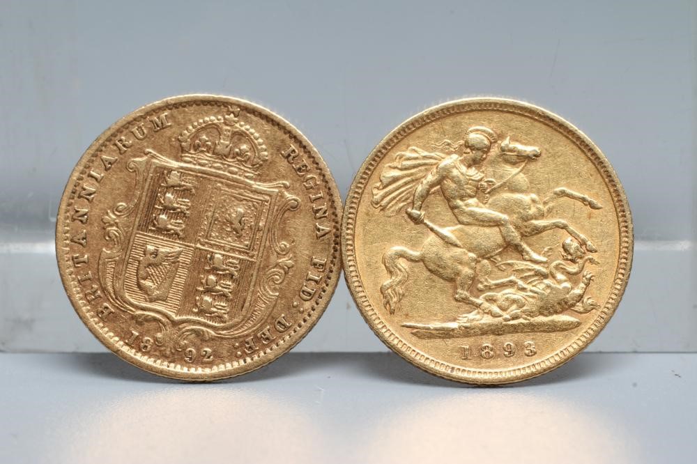 A VICTORIA SHIELD BACK HALF SOVEREIGN, 1892, together with another OH half sovereign, 1893, 7.9g Image