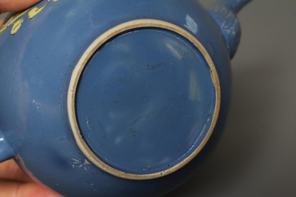 A STAFFORDSHIRE POLYCHROME SALTGLAZE STONEWARE TEAPOT AND COVER of globular form with crabstock Image
