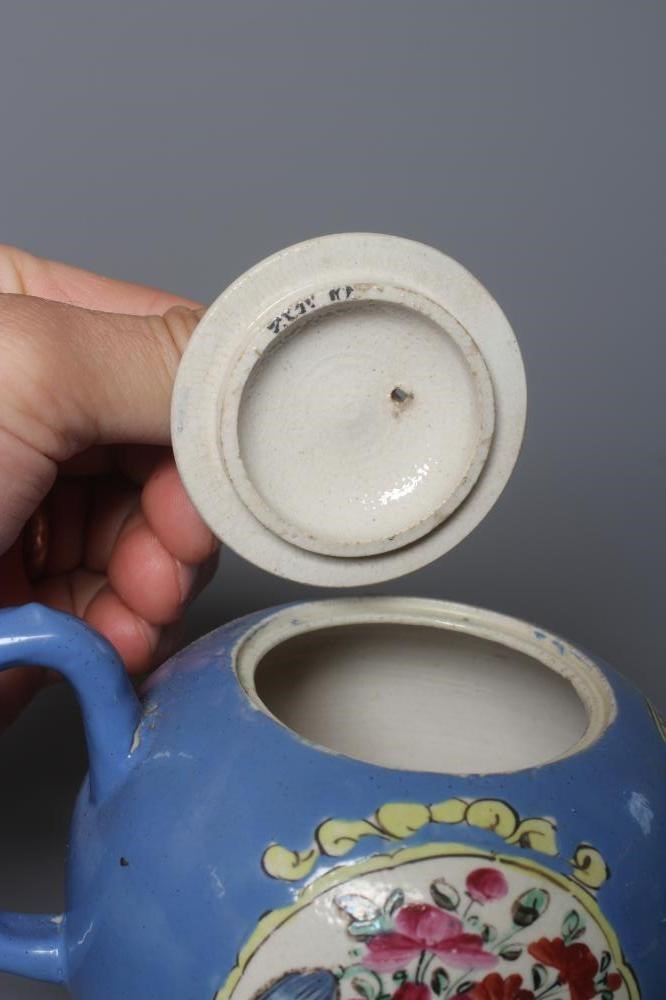 A STAFFORDSHIRE POLYCHROME SALTGLAZE STONEWARE TEAPOT AND COVER of globular form with crabstock Image