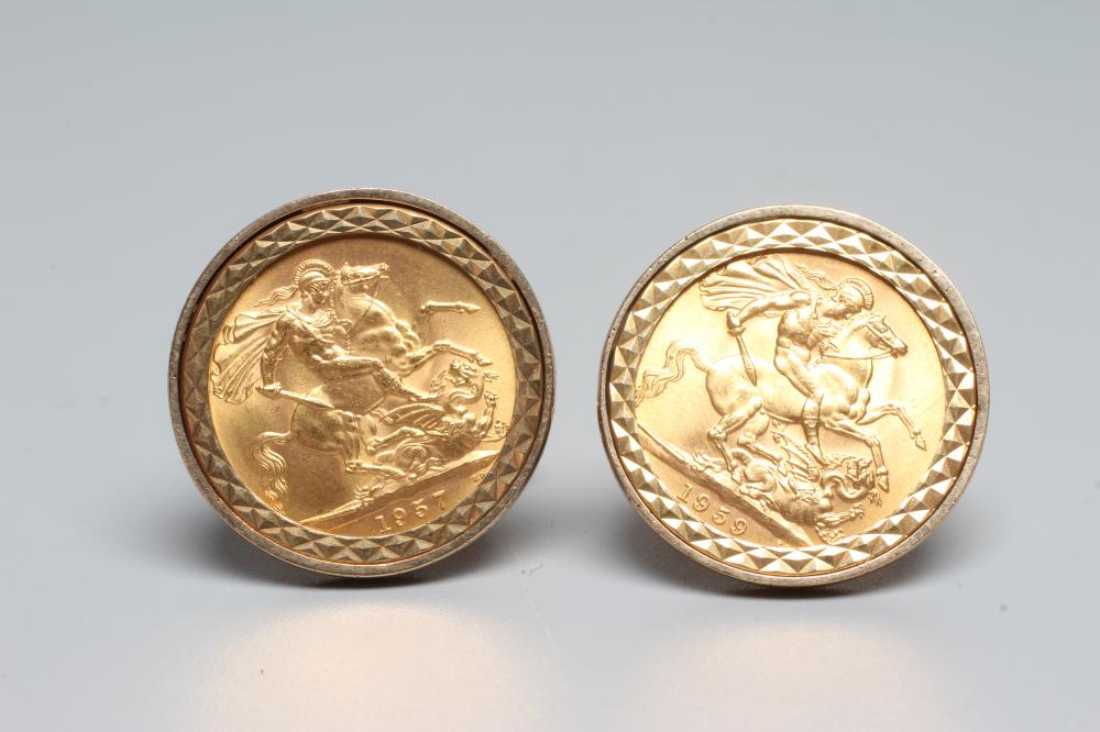 TWO ELIZABETH II SOVEREIGNS, 1957 and 1959, both in 9ct gold cufflink loose mounts, 28.1g gross Image