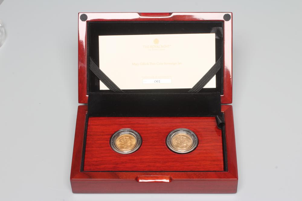 AN ELIZABETH II MARY GILLICK TWO COIN SOVEREIGN SET, 1957 and 1968, set number 61 of a Ltd. Ed. of Image