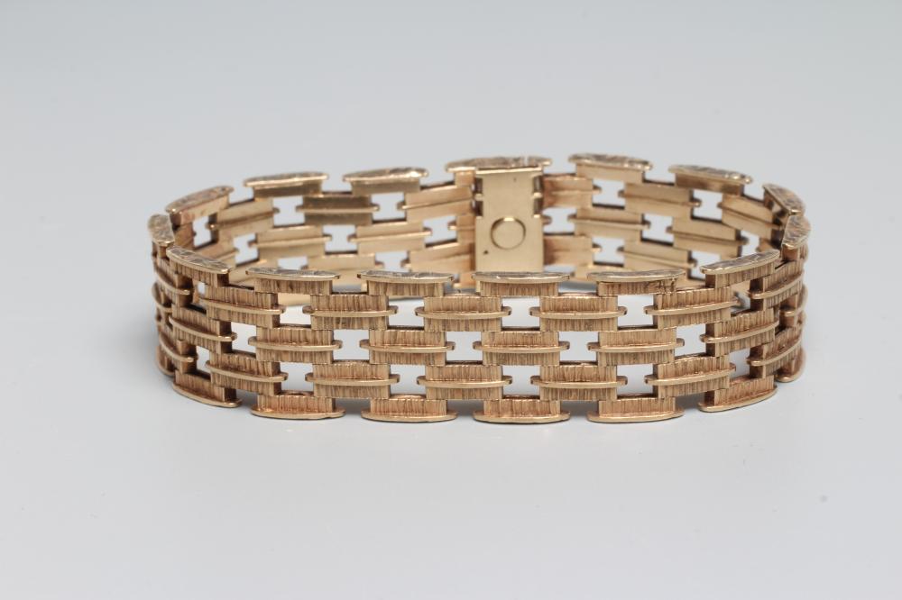 A 9CT GOLD OPEN BRICK LINK BRACELET with textured links and invisible slide clasp with safety bar, Image