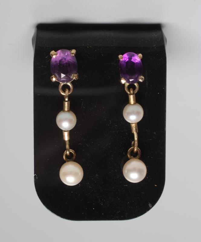 A PAIR OF AMETHYST AND CULTURED PEARL DROP EAR STUDS Image