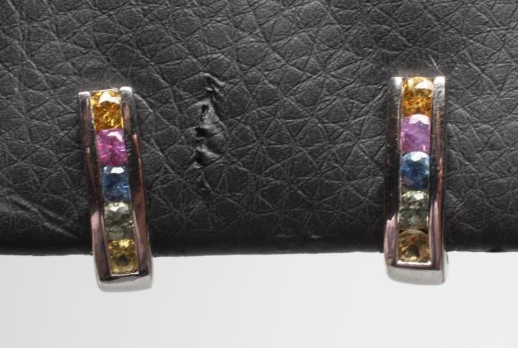 A PAIR OF MULTI-GEM EAR STUDS channel set with five coloured stones to 9ct white gold curved panels, Image