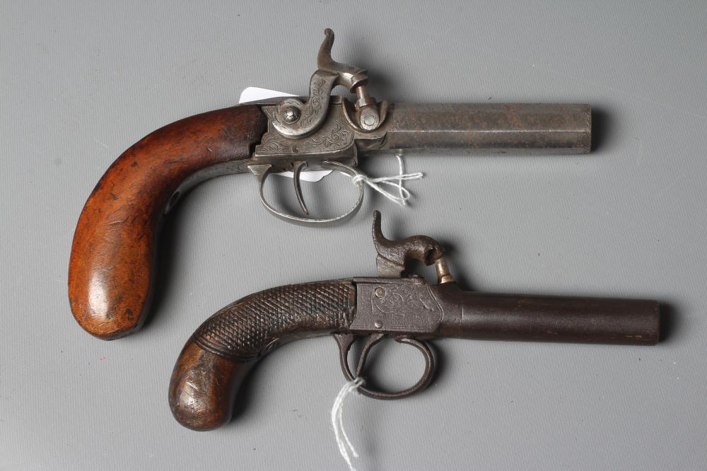 TWO PERCUSSION POCKET PISTOLS, 19th century, both with scroll decoration and wooden grips, largest Image