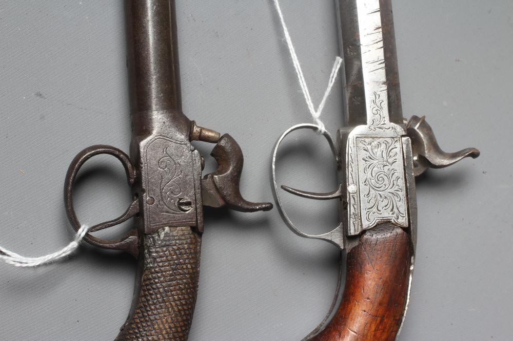 TWO PERCUSSION POCKET PISTOLS, 19th century, both with scroll decoration and wooden grips, largest Image