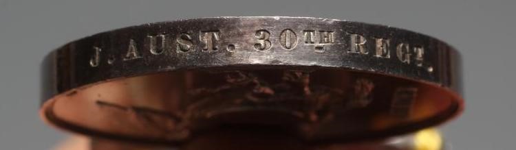 A CRIMEA 1854 MEDAL, awarded to J. Aust of the 30th Regiment, with Sebastopol and Alma clasps (Est. Image