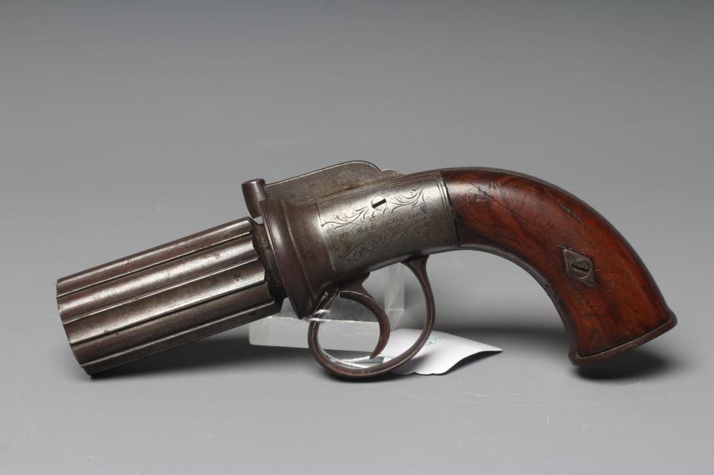 A PERCUSSION PEPPER BOX PISTOL by D. Egg of London, with six shot revolver barrels, foliate etched Image