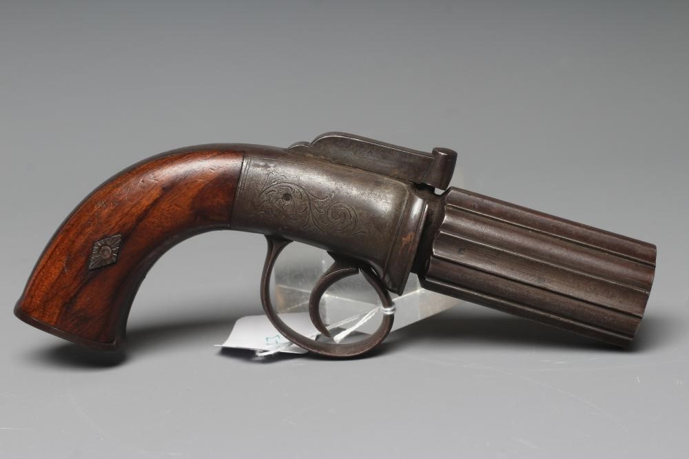A PERCUSSION PEPPER BOX PISTOL by D. Egg of London, with six shot revolver barrels, foliate etched Image