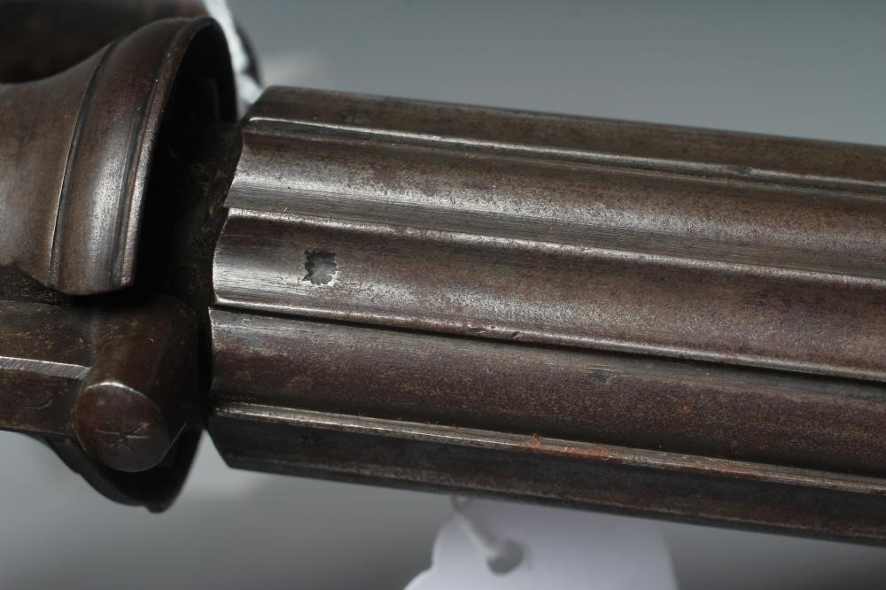 A PERCUSSION PEPPER BOX PISTOL by D. Egg of London, with six shot revolver barrels, foliate etched Image