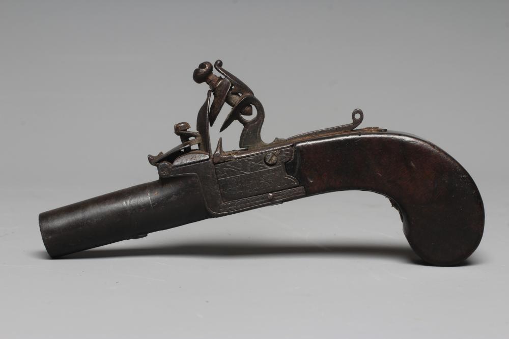 A FLINTLOCK POCKET PISTOL by Dunderdale, Mabson & Labron, with 1 3/4" barrel, action etched with Image