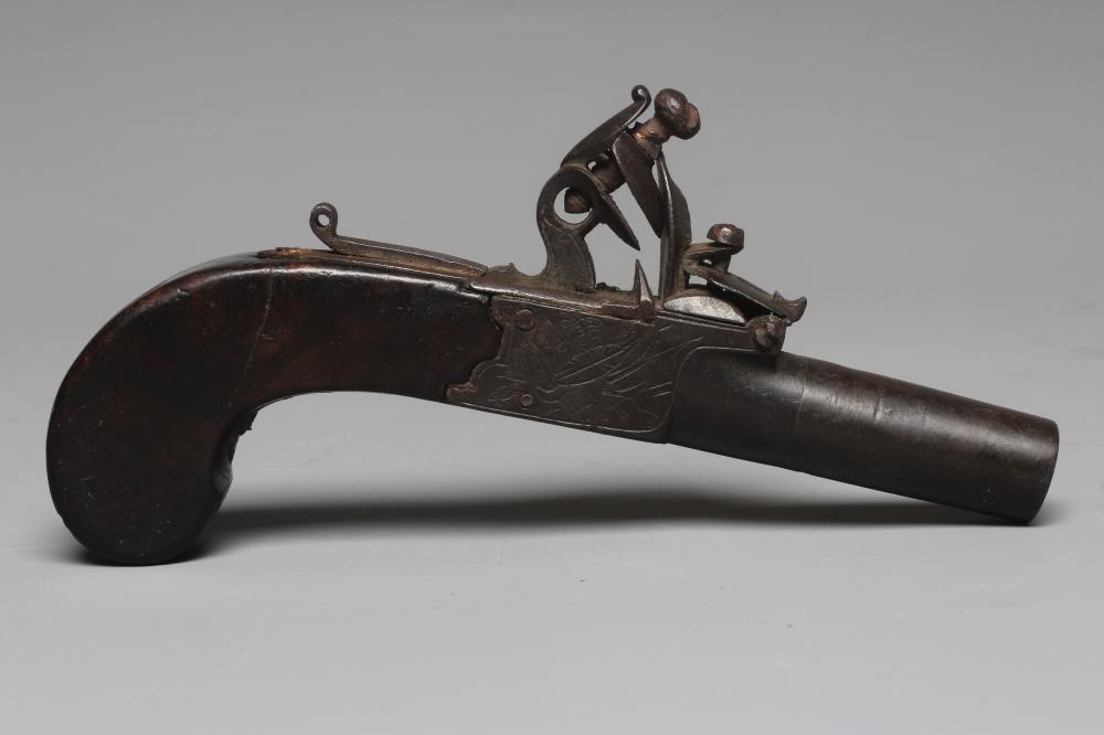 A FLINTLOCK POCKET PISTOL by Dunderdale, Mabson & Labron, with 1 3/4" barrel, action etched with Image