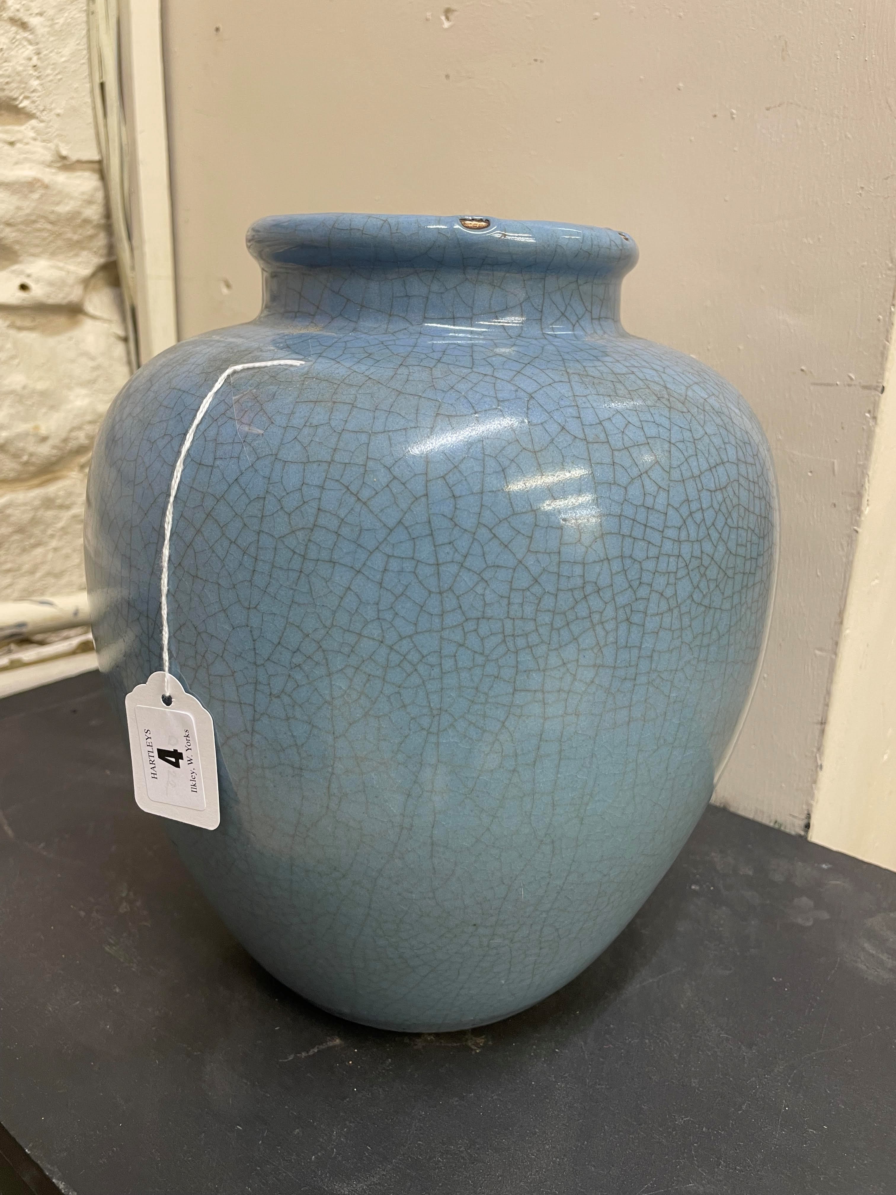 A CHINESE JUN WARE VASE of rounded cylindrical form with an all-over blue crackle glaze, unmarked, Image
