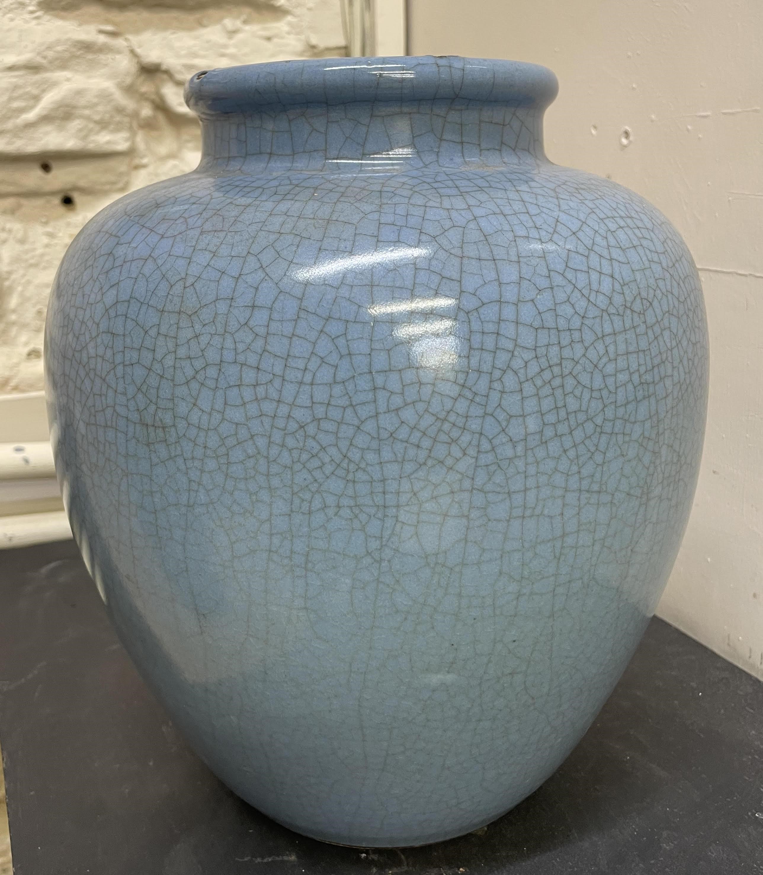 A CHINESE JUN WARE VASE of rounded cylindrical form with an all-over blue crackle glaze, unmarked, Image