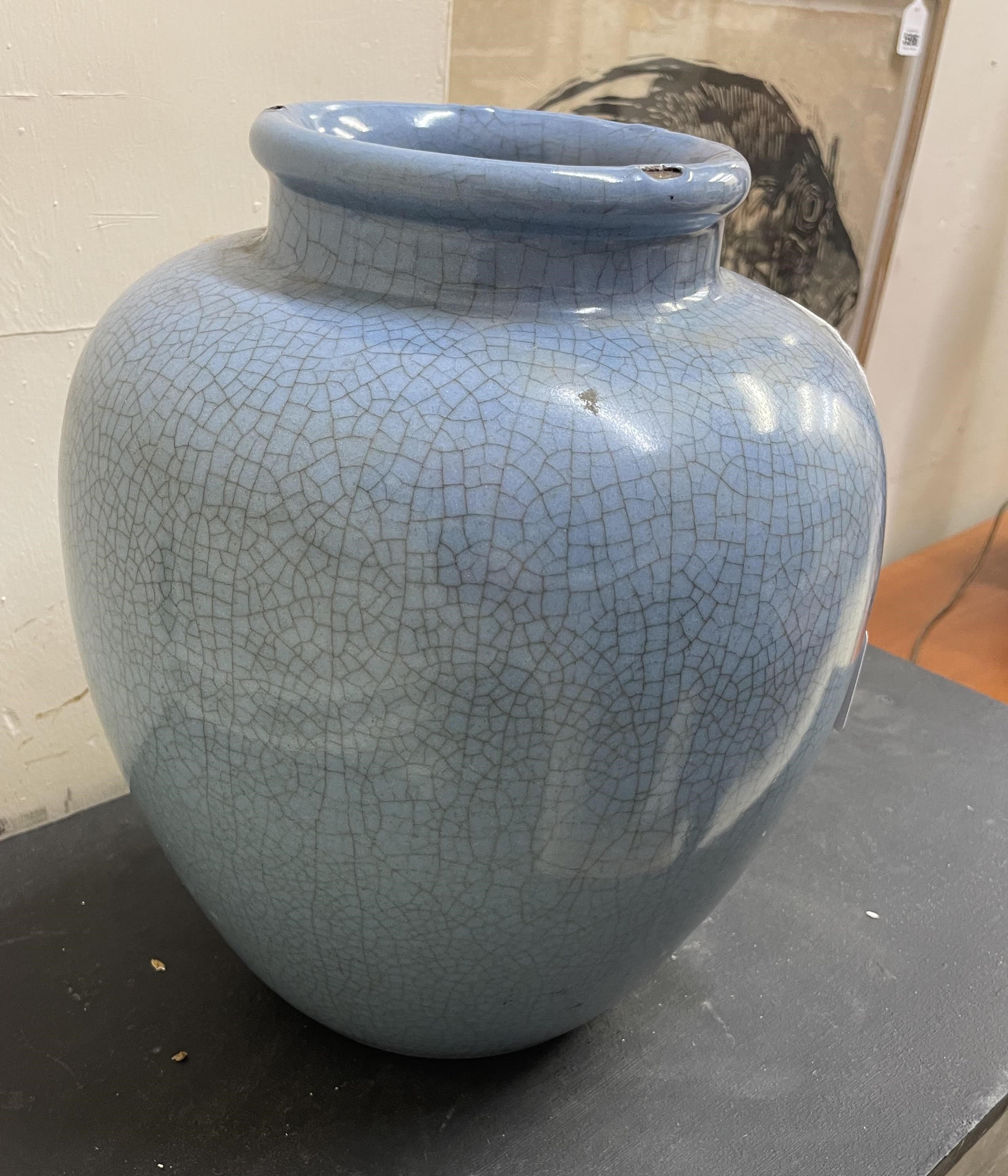 A CHINESE JUN WARE VASE of rounded cylindrical form with an all-over blue crackle glaze, unmarked, Image