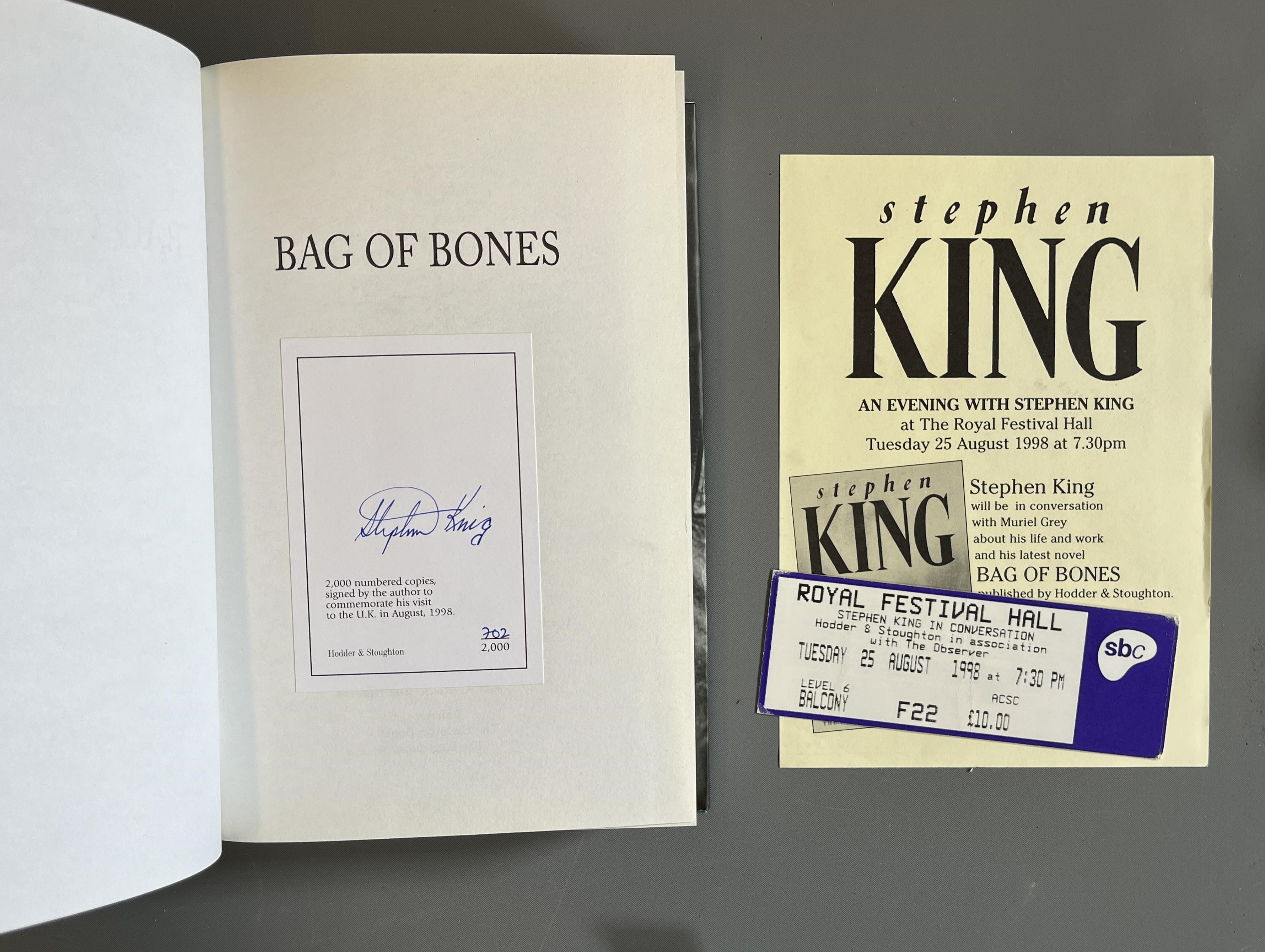 SIGNED STEPHEN KING, Bag of Bones, no. 702/ 2000 signed copies with ephemera from Stephen Kings Image