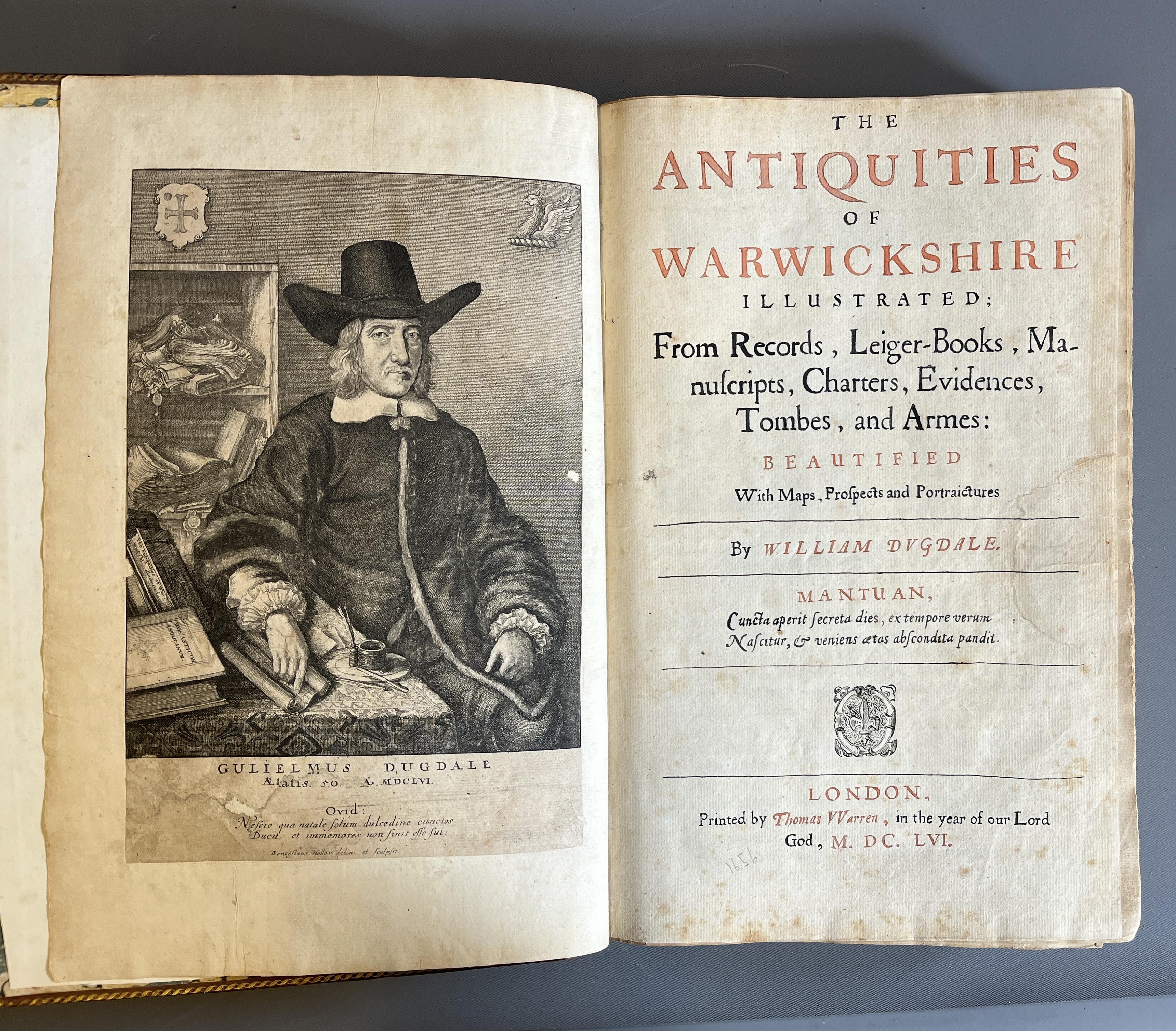 THE ANTIQUITIES OF WARWICKSHIRE, William Dugdale, 1655, Thomas Warren, diced calf binding with taped Image