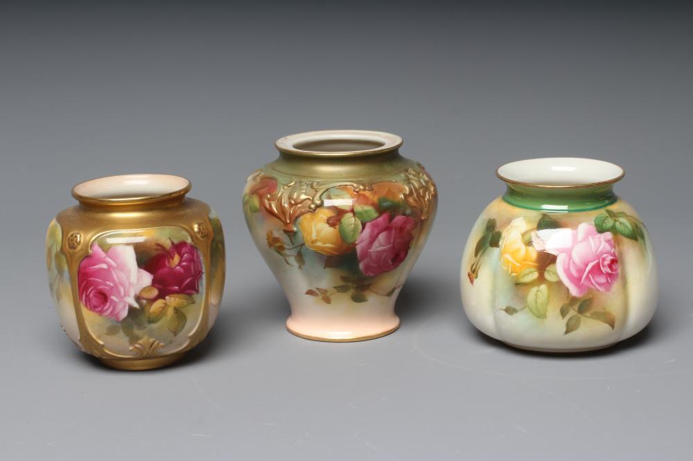 THREE ROYAL WORCESTER SMALL VASES, various dates, all painted with full blown pink and yellow roses, Image