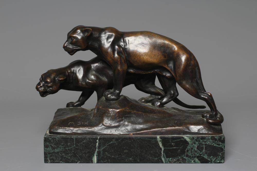 MICHAEL SIX (1874-1938) Mountain Lions, signed, bronze with brown patina, rectangular marble base, Image