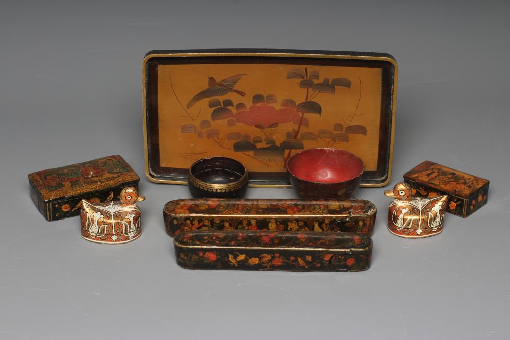 NINE PERSIAN SCHOOL LACQUERED PAPIER MACHE ITEMS comprising two pen boxes Image